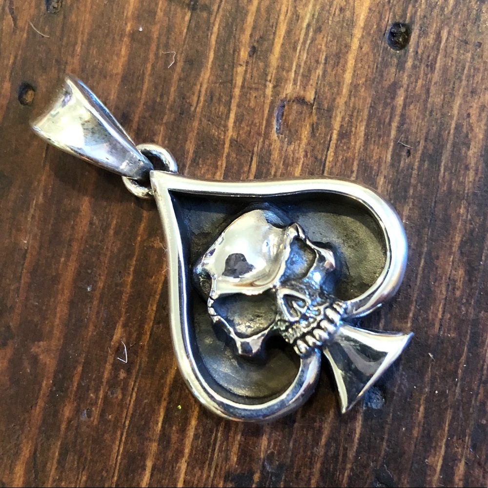 Solid 925 Silver Ace Of Spades Skull Pendant